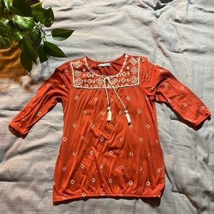 Maurices Orange and Cream 3/4 Sleeve Embroidered Top with Tie In Front, Size L